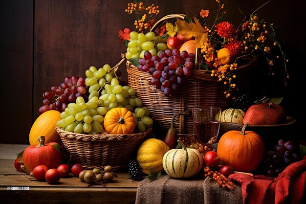 Счастливый день Благодарения на заднем плане деревянный стол, украшенный тыквой, кукурузой, фруктами и осенью