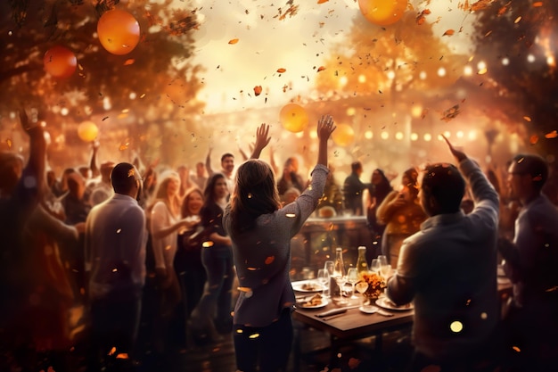 Foto illustrazione della celebrazione del giorno di ringraziamento delle persone che si godono la festa del ringraziamento con il pasto