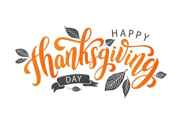 Happy Thanksgiving Day met herfstbladeren Hand getrokken tekst belettering vectorillustratie Script C