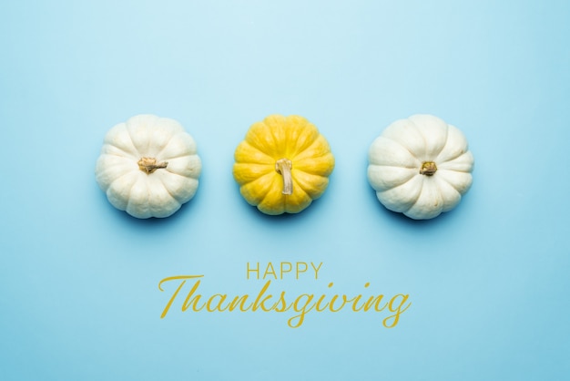 Happy Thanksgiving Day met pompoen en moer op blauwe achtergrond