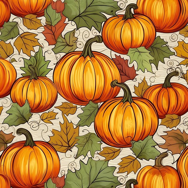 Happy Thanksgiving Day seamless patternFalling autumnThanksgiving cute pumpkins doodle background