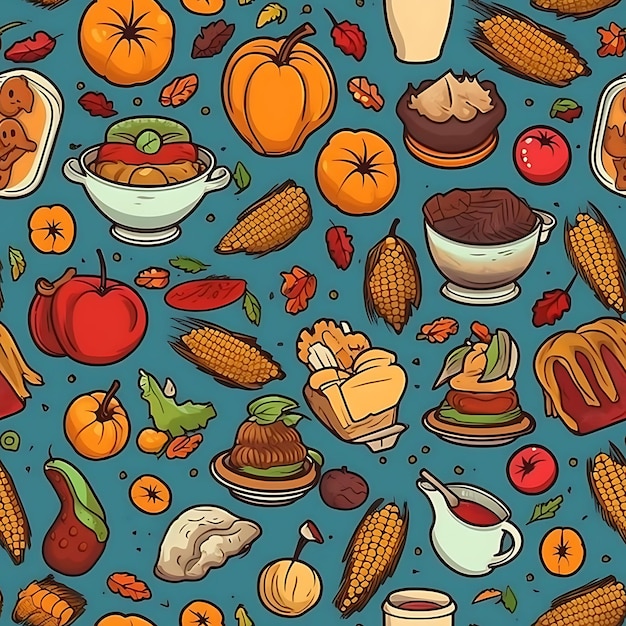 Photo happy thanksgiving day seamless patternfalling autumnthanksgiving cute pumpkins doodle background