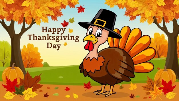 Photo happy thanksgiving day turkey in fall landscape