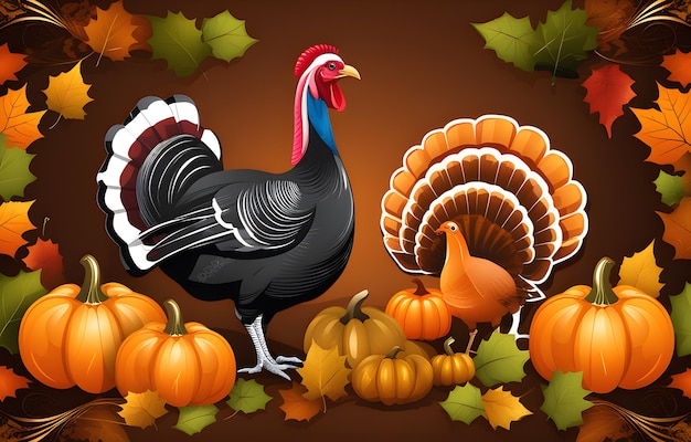 Happy thanksgiving day vector illustration with turkey bird pumpkin leaves and harvest ai generated