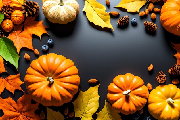 Happy thanksgiving day with turkey bird pumpkin leaves turkey standing on pile of pumpkin AI image