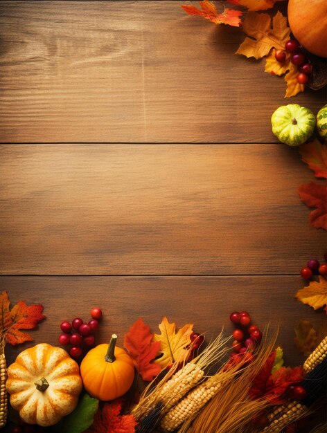 Happy Thanksgiving elements on wooden texture background with copy text space