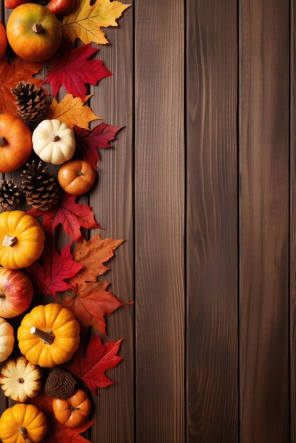 Photo happy thanksgiving halloween pumpkins on wooden table flat lay background