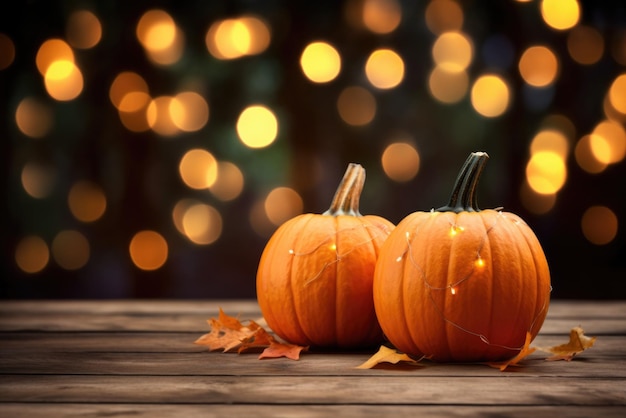 Happy thanksgiving halloween pumpkins on wooden table with lights background