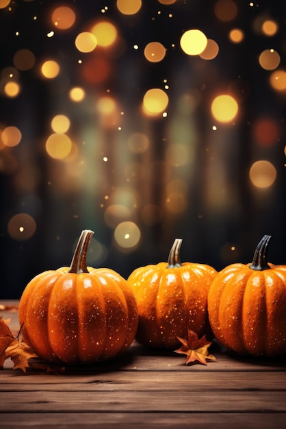 Счастливого Дня Благодарения, Хэллоуин, тыквы на деревянном столе с огнями на заднем плане.
