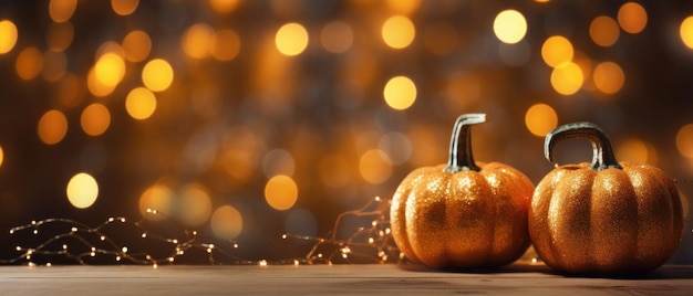 Happy thanksgiving halloween pumpkins on wooden table with lights background