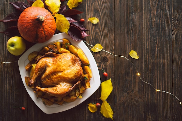 Happy thanksgiving herfst compositie met bladeren rijpe pompoen en thanksgiving kalkoen op een donkere houten tafel top view