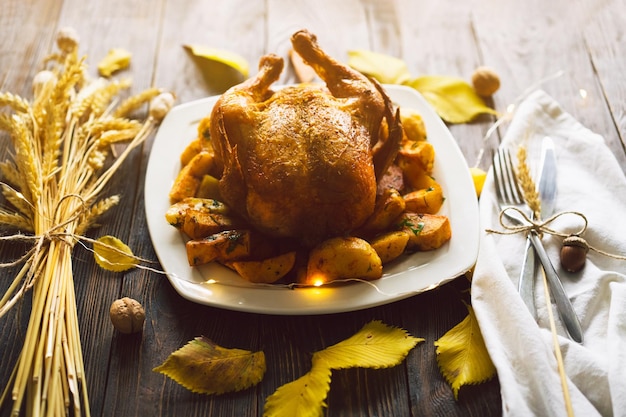 Happy Thanksgiving Herfst compositie met bladeren rijpe pompoen en Thanksgiving kalkoen op een donkere houten tafel Top view