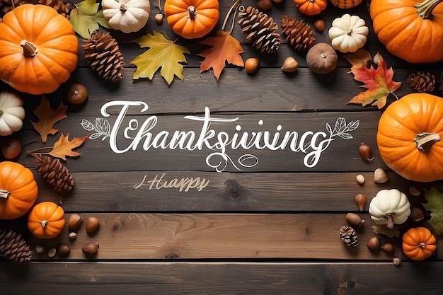 Happy Thanksgiving Message On Rustic Harvest Table Background Decorated With Pumpkins Acorns And Leaves