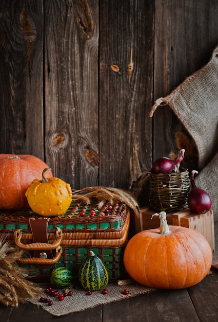 Happy Thanksgiving , pumpkins and wicker basket on old wooden table.