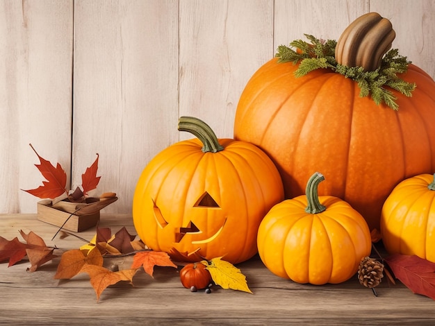 Photo happy thanksgiving pumpkins with fruits and falling leaves on rustic wooden table