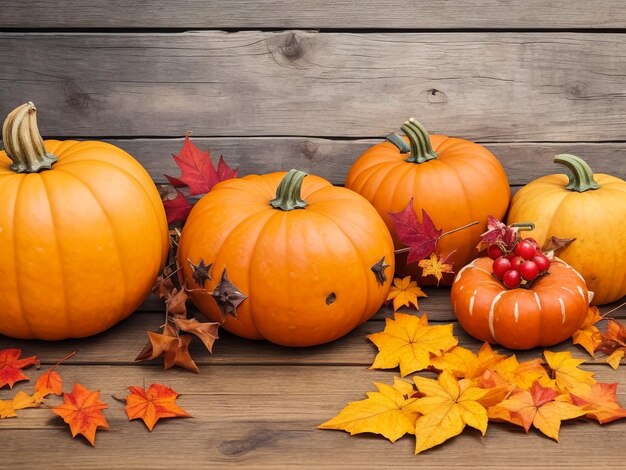 Счастливый День Благодарения Тыквы с фруктами и падающими листьями на деревянном столе