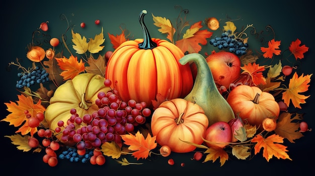 Happy Thanksgiving-tekst met pompoenen en bladeren Ai gegenereerd