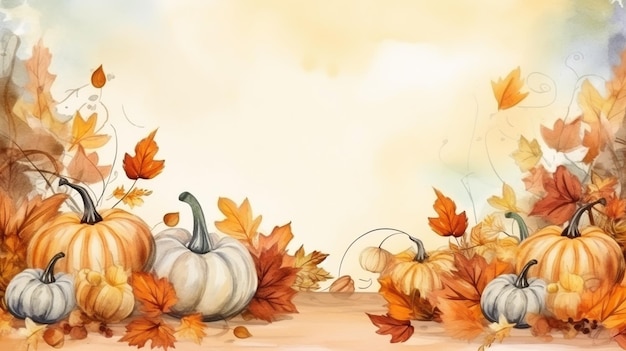 Happy Thanksgiving-tekst met pompoenen en bladeren Ai gegenereerd