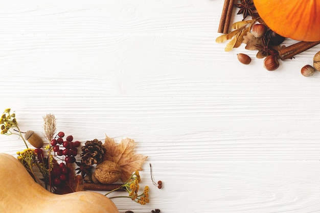 Happy Thanksgiving wenskaart plat leggen Pompoenen anijs kaneel herfstbladeren