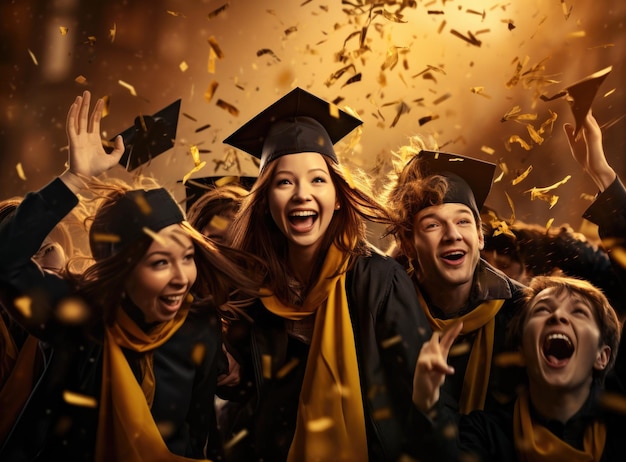 Happy time graduation university institute school graduation mantle and cap joy group receiving Bachelor Specialist Master degree group selfies classroom auditorium toss up valedictorian hat