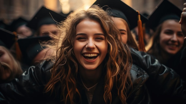 Happy time graduation university institute school graduation mantle and cap joy group receiving Bachelor Specialist Master degree group selfies classroom auditorium toss up valedictorian hat