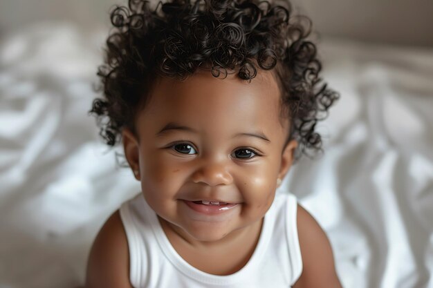 Photo happy toddler baby girl in a white bodysuit sitting on bed at home and looking at the camera with