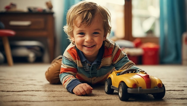 Foto un bambino felice che ride mentre spinge una macchina giocattolo sul pavimento godendosi il loro tempo di gioco