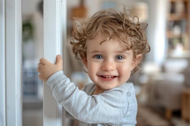 Happy toddler standing in the living room and keep the balance with the door He is smiling and looking at camera