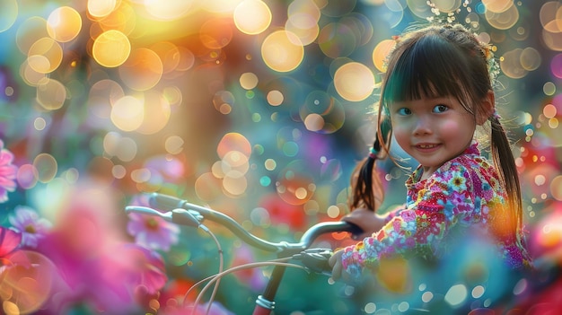 A happy toddler with a big smile riding a bike with balloons in a public space aig