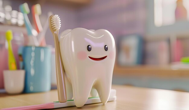 Photo happy tooth character with toothbrush promoting dental hygiene