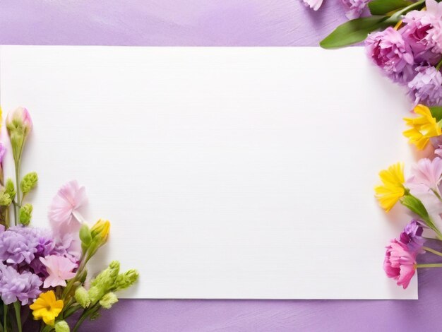 Photo happy top view perple pink background and flowers arrangement on blank paper with light background l