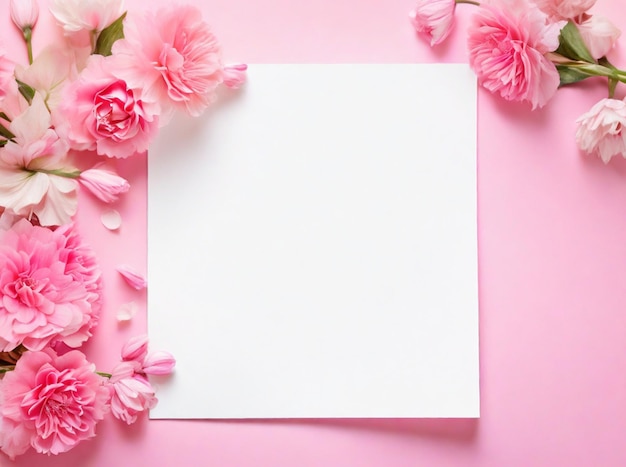 Happy top view pink background and flowers arrangement on blank paper with light background l