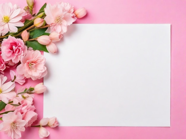 Happy top view pink background and flowers arrangement on blank paper with light background l