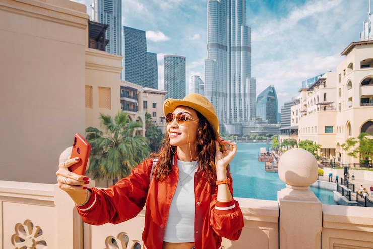 Photo happy tourist asian girl taking selfie photos for her travel blog in dubai downtown district against background of the majestic burj khalifa highest skyscraper in the world