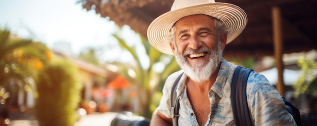 Happy tourist senior man smiling cheerfully while standing outdoors with luggage ai generated