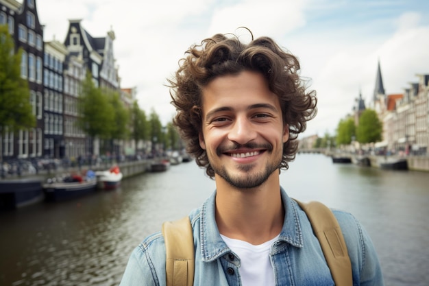 Happy tourist taking selfie picture in Amsterdam Netherlands