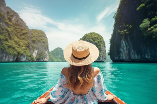 Photo happy tourist woman in white summer dress relaxing