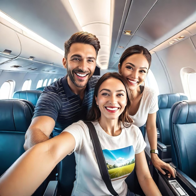 Happy tourists taking selfie on airplane Cheerful couple on summer vacation Passengers boarding