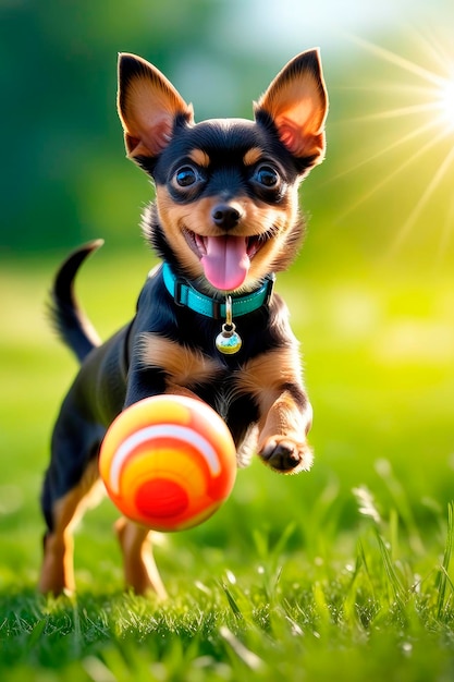 Happy toy terrier dog running in the grass and bringing a tennis ball