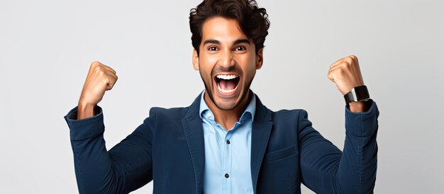 Photo happy trader using laptop and celebrating success overjoyed man shaking fists cheering big profit