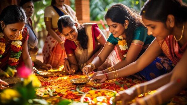 Happy traditional indian girl decorating rangoli with flowers for diwali festival celebration on floor at home concept of culture custom and festive preparation