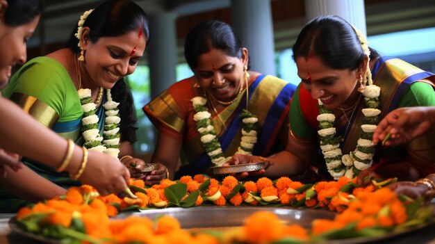 Happy traditional indian girl decorating rangoli with flowers for diwali festival celebration on floor at home concept of culture custom and festive preparation