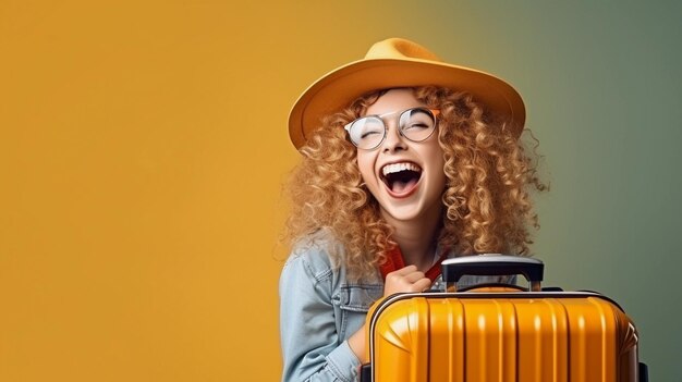 Photo happy travel woman on vacation concept funny traveler enjoy her trip and ready to adventure