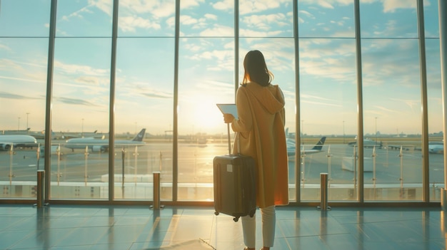 Счастливая путешественница с планшетом и чемоданом ждет в аэропорту