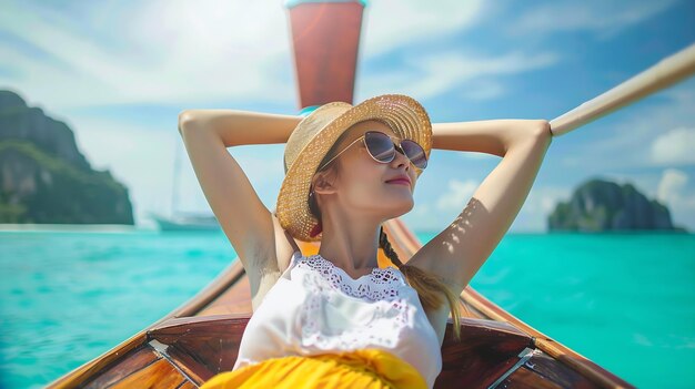 Photo happy traveler woman relaxing on boat joy fun scenic tropical beach mook island attr generative ai