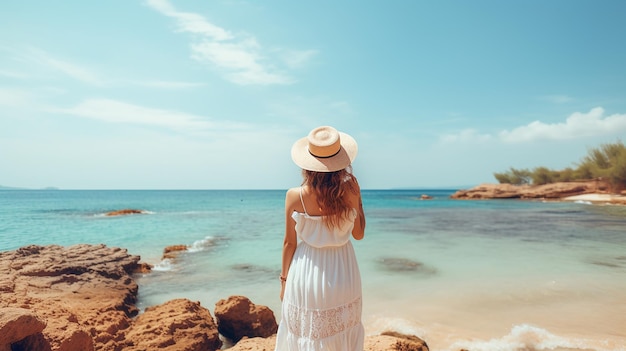 Happy Traveler Woman in White Dress and Hat Standing