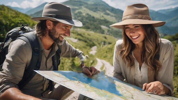 Happy travelers with map