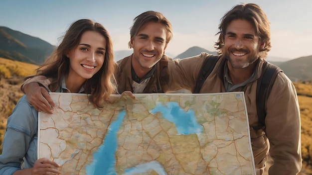 Happy travelers with map