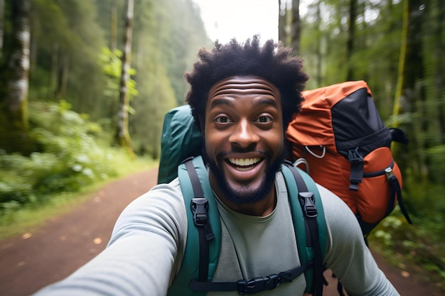 Foto happy traveller black man with backpack taking selfie picture in forest travel blogger