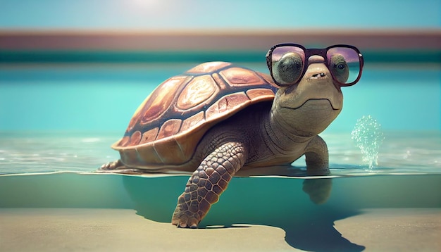 행복한 거북이가 여름방학 동안 수영장에서 수영하며 즐거운 시간을 보내고 있습니다.